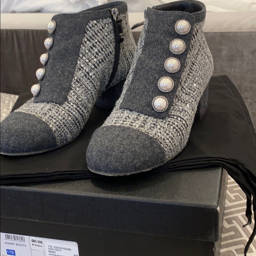 Chanel tweed booties with pearls